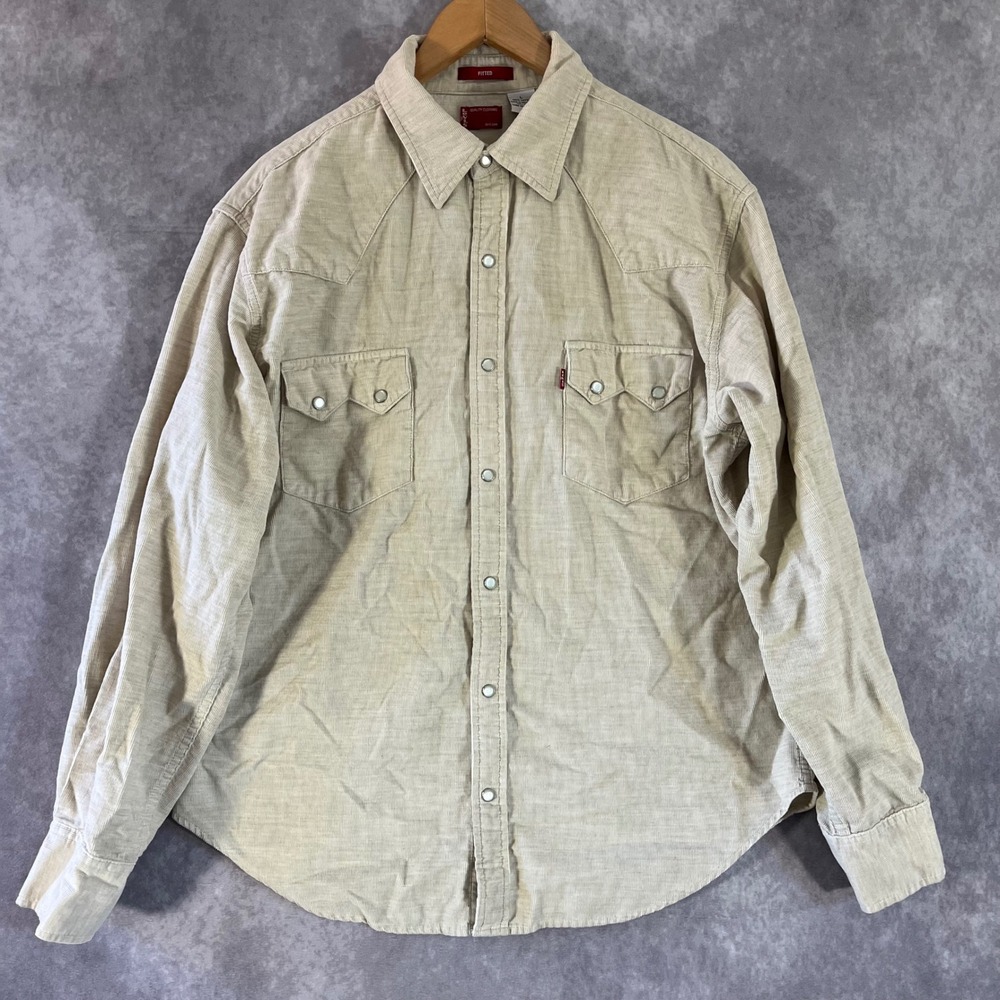 Levi's Corduroy Western Shirt Mens Large Tan Fitted Pearl Snap Button Up Cowboy